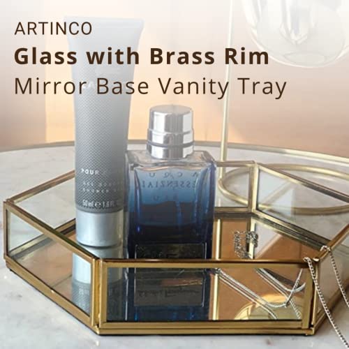 Image of Vintage Glass & Brass Vanity Tray, Hexagonal Home Table Decoration, Makeup Organizer, Vanity Tray, Brass Gold 8x9x1.5 Inches