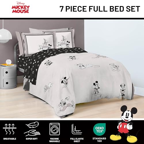 Image of Disney Mickey and Friends Full Size Comforter Set 7 Piece Bedding, Beige | Minnie Mouse Donald Goofy, Comforter Sheets Shams Pillowcases, Official Product, Soft Microfiber, Machine Washable,