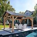 AMERLIFE 13x15 ft Wood Gazebo, Outdoor Gazebo with Bar Storage Space for Garden, Hardtop Wooden Paviloinwith Metal Steel Gable Roof, Patio, Garage, Black + Natural Wood