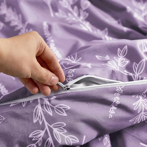 MUXHOMO Duvet Cover Queen Size, Reversible Floral Grayish Purple Duvet Cover Set with Zipper Closure, 3 Pieces Botanical Patterns Soft Microfiber Bedding Set with 4 Ties (90"x90", 2 Pillow Cases)