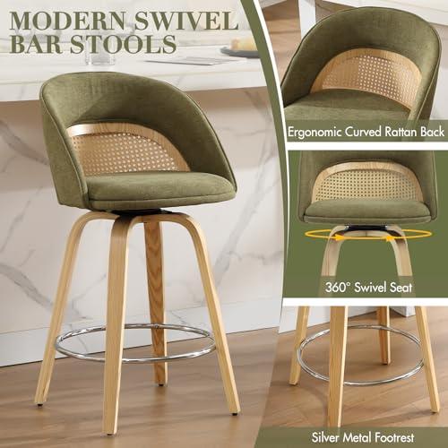 Butacos EALSON, Set de 2 Butacos Giratorios de Bar de 26", con Respaldo de Ratán, Tapizados en Chenilla Moderna, Patas de Madera y Reposapiés Plateado para Isla de Cocina o Sala de Estar, Verde miniatura 4