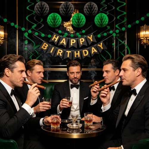 Image of Black Green Birthday Decorations, Happy Birthday Banner with Honeycomb Balls, Circle Dot Garland and Hanging Swirl Decorations for Women Men Boys Girls (Green Black)