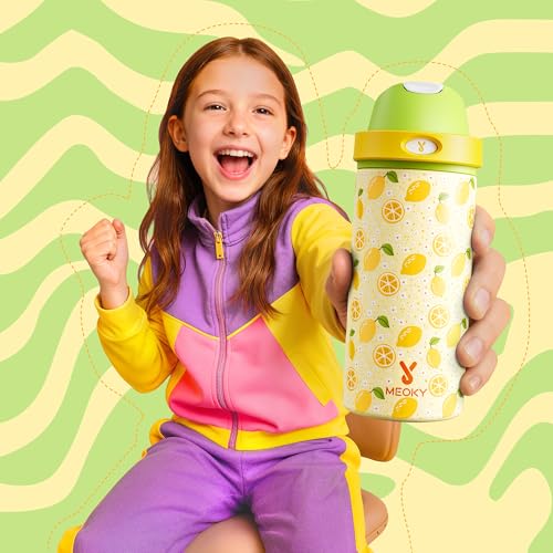 Image of 18 oz Stainless Steel Water Bottle for Kids: Meoky Insulated Water Bottle with 2-in-1 Straw and Spout Lid - Leak Proof, Cold for 24 Hours, BPA-Free for Boys Girls School Backpacks Sports, Sunny Lemons