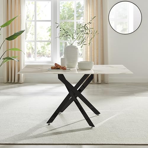 Furniturebox UK Dining Table - Leonardo 6 Seat Dining Table - Glass White Marble Effect Table Matte Black Metal Legs -Nested Starburst Design - Modern Dining Room Furniture for Contemporary Homes