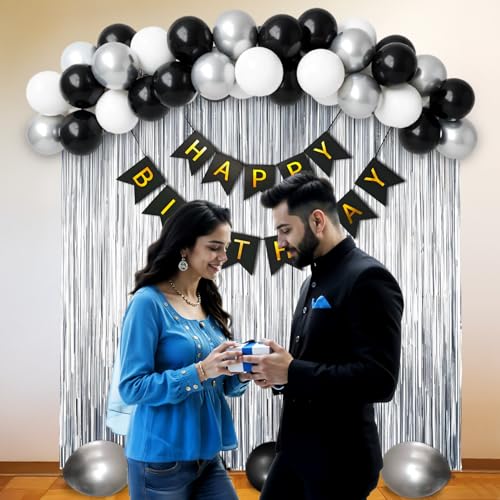 Image of Party Propz Black And White Birthday Decoration Kit - 40 Pcs Aesthetic Birthday Decor With Happy Birthday Banner, Silver Foil Curtain, Ribbons, Black, White & Silver Balloons For Bday Decoration