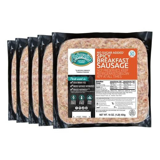 Pederson’s Farms, Spicy Breakfast Pork Sausage, Whole30 (5 Pack, Use/Freeze) 16oz – No Sugar Added, Keto and Paleo Diet Friendly, No Nitrates or Nitrites, Gluten Free, Uncured Sausage, Made in the US