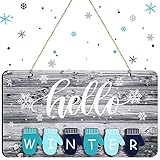 Blulu Hello Winter Sign Rustic Wood Winter Door Decor Farmhouse Wall Hanging Plaque Filleted Corner Wooden Glove Sign Decorations for Office Home Bathroom Indoor Outdoor, 10 x 5.5 Inch