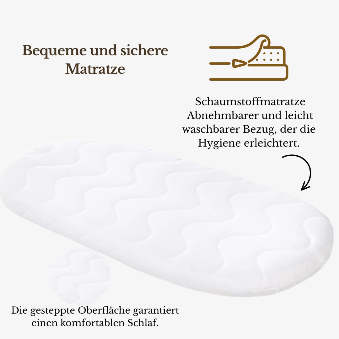 Wiklinopol Stubenwagen Amelia – Handgeflochtener Moseskorb Weiß mit Gestell & Matratze – 5-teiliges Teddy-Bettset Beige – Tragbarer Babykorb mit Rollen – Ideal für Neugeborene