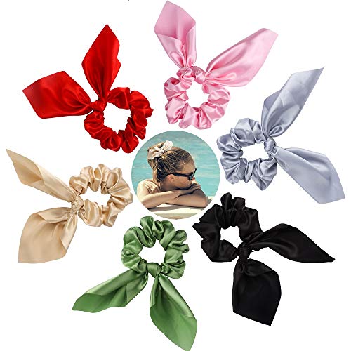 Bow Scrunchies for Girls, Red Black Pink Green Hair Scrunchies for Girls Hair Accessories. Satin Silk Scrunchies with Short Scarf for Girls Women Ponytail Holder Hair Ties Ropes