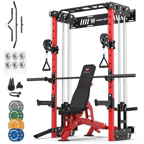 MEGASTAR Wall Mounted Power Rack Home Gym Package – 1600LB Capacity Compact Commercial Home Gym with Aluminum Pulley Set Dual Cable Crossover