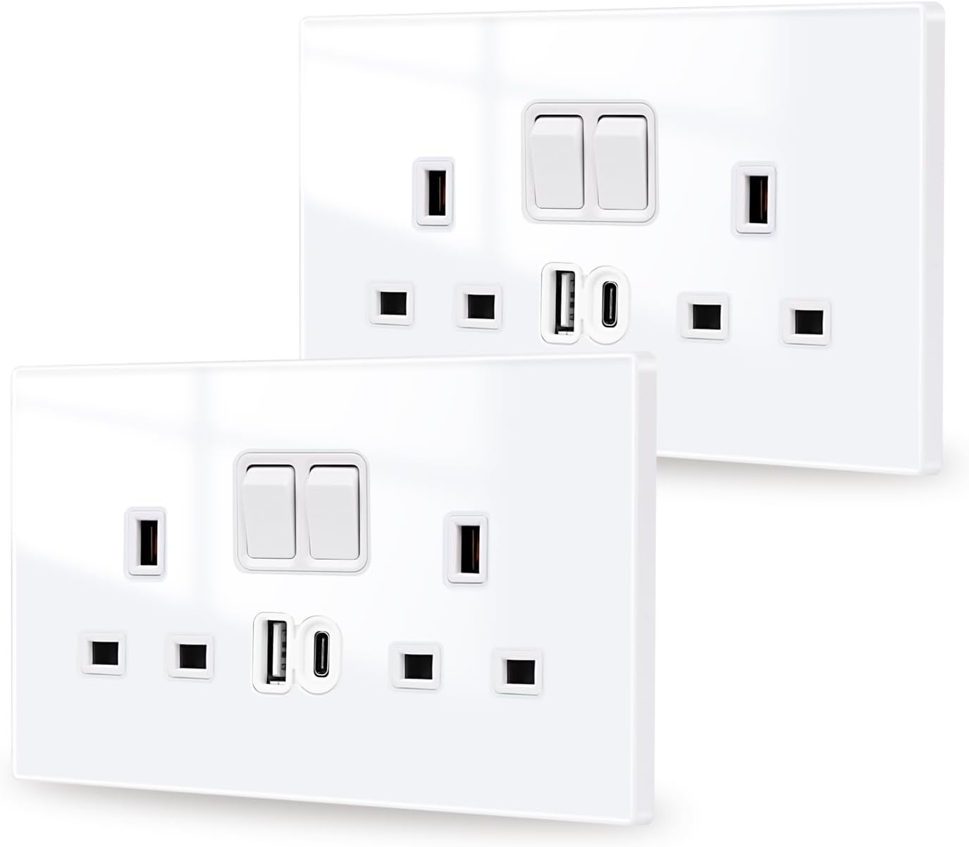 JIMEIDA 2 Pack White Double Switched Power Socket with USB A and Type C Charging Ports 13 Amp Crystal Glass Panel Wall Outlet Electric Socket