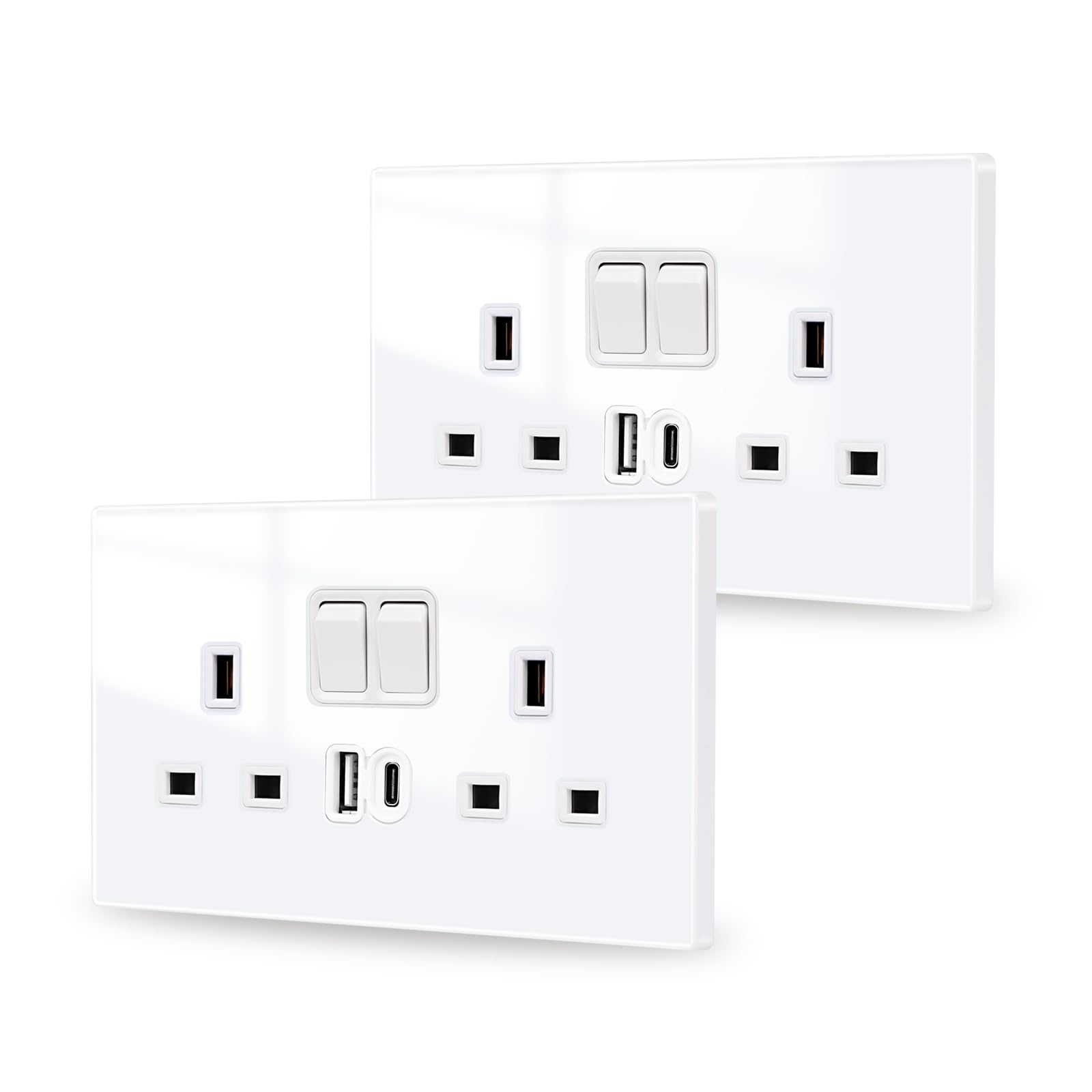2 Pack White Double Switched Power Socket with USB A and Type C Charging Ports 13 Amp Crystal Glass Panel Wall Outlet Electric Socket