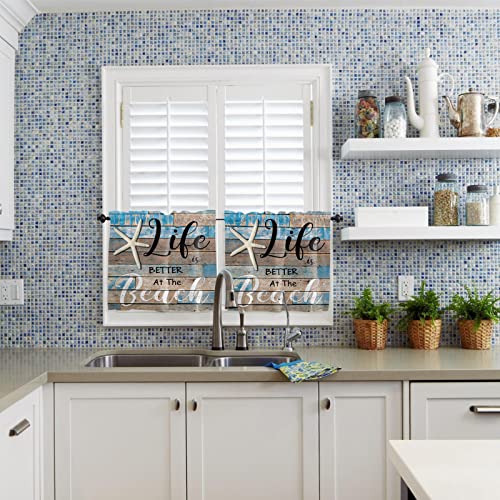 Life Is Better At The Beach Tier Curtains 24 Inch Length, Cute Starfish Wooden Board Stripe Rod Pocket Curtains Set Of 2 Panels, Small Half Window Treatment Tiers For Kitchen Cafe Bathroom, 55"X24" #TOP2
