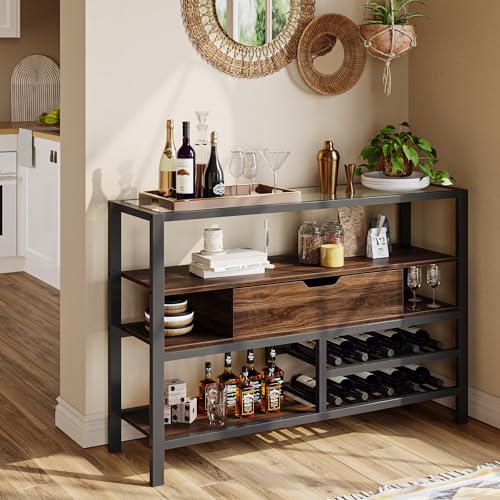 Bestier Console Table with Drawer, Coffee Corner Bar 4-Tier Entryway Table with Storage Shelf Racks, Sofa Table with LED, Furniture for Living Room & Kitchen, Walnut