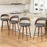 REONEY Swivel Bar Stools Set of 4, 26' Counter Height Walnut Barstool, Mid-Century Modern Upholstered Fabric Bar Chair with Back and Footrest, for Kitchen Island, Bar, Cafe, Dining Room, Grey Linen