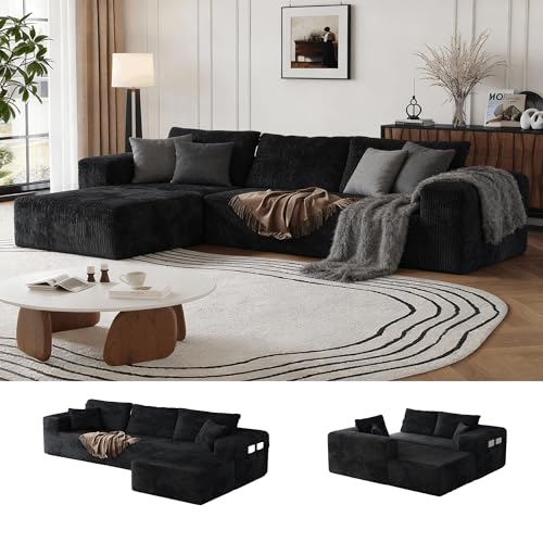 Boneless Sectional Couch Black L Shape Sofa Ottoman with Recliner Bed Memory Foam Modular Cloud No Bones in a Box Boundless Comfort for Living Room Compression Corduroy Fabric Deep Seat Easy Assembly