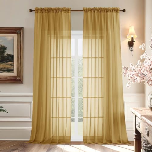 Aiyufeng Gold Sheer Curtains 96 Inches Long 2 Panels Set for Bedroom Living Room, Light Filtering Rod Pocket Soft Airy Voile Drapes, Each 59" W x 96" L, 2 Pack