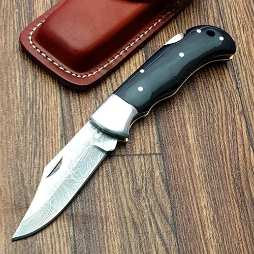 TZ KNIVES FZ-17 Handmade Damascus pocket knife for men | Folding knife with liner lock | Bushcraft knife for Fishing, Camping, Hiking | Damascus steel hunting knife with sheath | Camping Knife.