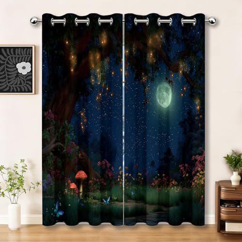 Générique Rideau Occultant 67.5 L x 160 H cm, ForêT Mystique Fantaisie LumièRe Verte Rideau à Œillets, Isolation Thermique et Phonique, Occultation de la Lumière pour Chambre et Salon