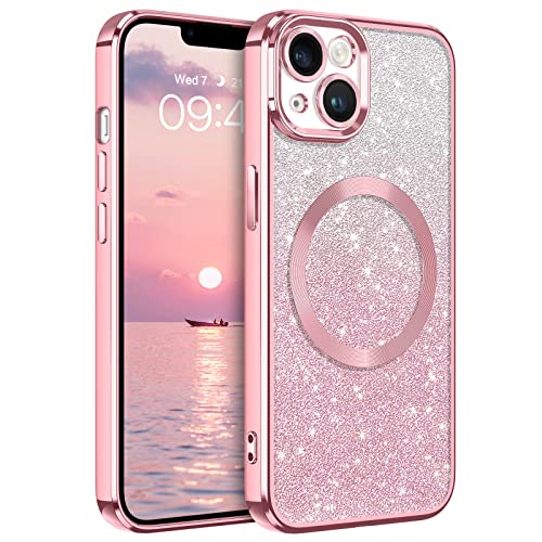 Micoden Glitzer Hülle Für IPhone 13/14 - Mit Abnehmbarer Glitzerkarte, Strass-Diamanten, Rosa