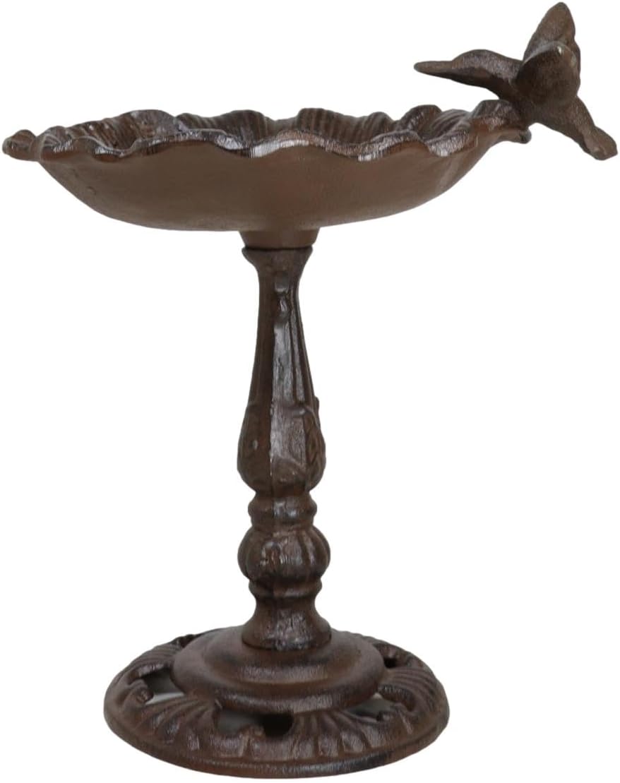 Ebros Gift 10.5" Tall Cast Wrought Iron Metal Rustic Cozy Cottage Whimsical Garden Hummingbird Perching On Flower Dish Bird Feeder Or Bath Sculpture for Lawn Pool Patio Outdoors Decor