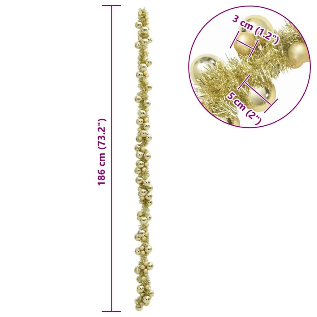 Weihnachtskugelgirlande Gold 186 cm aus Polystyrol für Innen und Außenbereich, leicht, faltbar und langlebig, festliche Dekoration für Wohnzimmer, Tür, Geländer und Advent