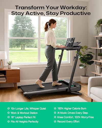 Image of UREVO Auto Incline Walking Pad with AI App, Adjustable Handlebar & Multifunctional Desk, 9% Power Incline Brushless Quiet Motorized Treadmill for Apartments, 12-Point Shock & Immersive Hiking