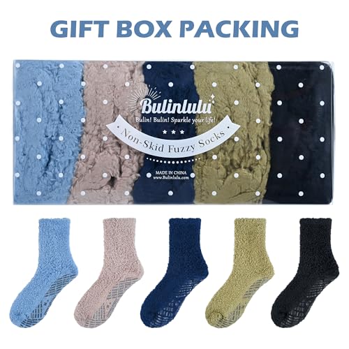 Image of Bulinlulu Fuzzy Socks With Grips for Women 5-Pairs Non Slip Sleep Warm Fluffy Slipper Socks with Grippers for women(5 Pairs Pure C)