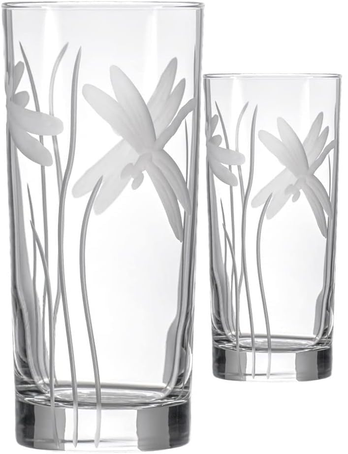 Rolf Glass Dragonfly Highball Glass 15 ounce - Set of 2 Cooler Glasses Lead-Free Glass - Etched Drinking