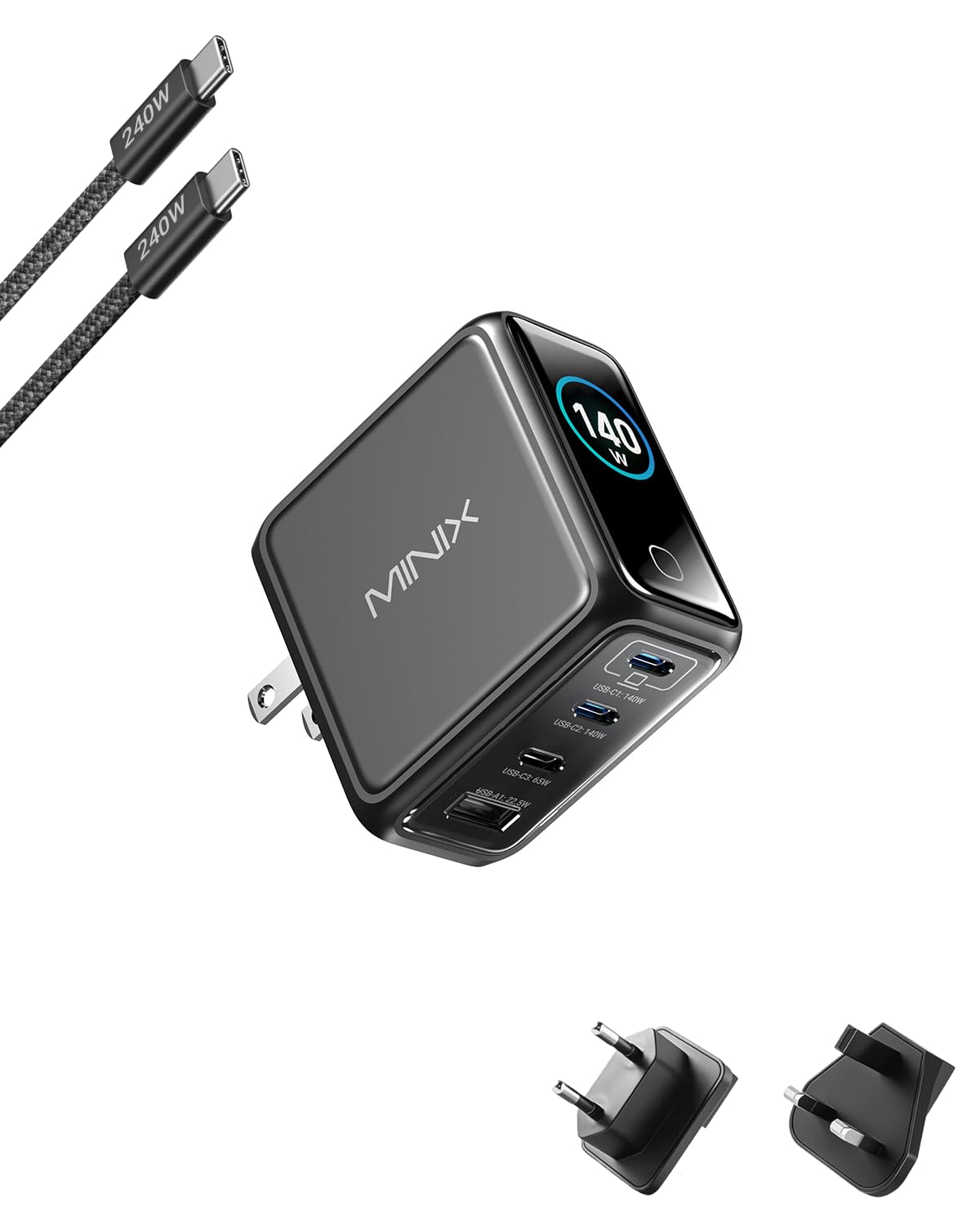 MINIX 140 W Max 4-Port PD3.1 GaN USB C Ladegerät mit 240 W Kabel, Smart Display & Touch Control, faltbarer Reiseadapter mit US/EU/UK Plugs für MacBook, iPad, iPhone17/16, Galaxy S25 Ultra/24