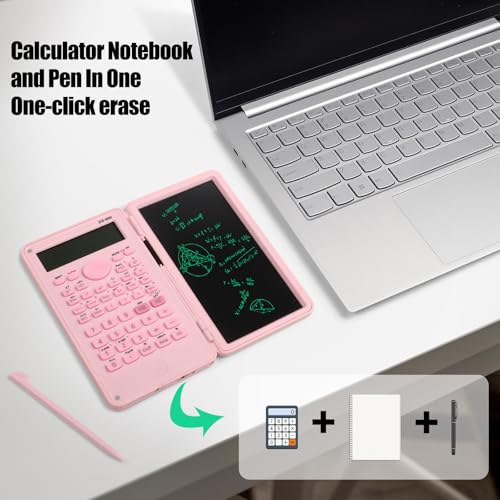 Scientific Calculator with LCD Writing Tablet Notepad, 240 Functions Foldable Math Calculator, Dual-Line 10+2 Digit Large Display, Portable for High School College Office(Pink) - Image 3