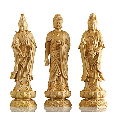 木彫り 仏像 置物 阿弥陀三尊 西方三聖 立像【 勢至菩薩・ 阿弥陀如来 ・観音菩薩 】高級天然ツゲ木彫り 開運十二干支お守り本尊 仏壇仏像 風水 祈る 厄除け(Size:20センチ,Color:阿弥陀三尊)