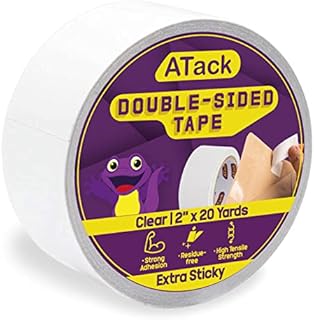 ATack Extra Sticky Clear Double-Sided Tape, Removable, 2-Inch x 20-Yards - Wall Safe Heavy-Duty Double Sides Self Sticky Wall Fabric Tape for Wood Templates, Furniture, Leather, Curtains and Craft