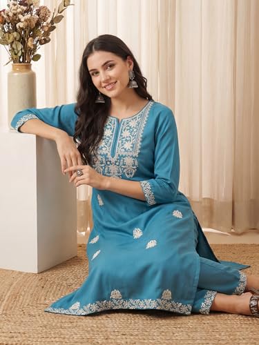 Image of INDO ERA Women's Viscose Rayon Floral Embroidered Straight Calf Length Kurta & Pant Set (IEAI11741)