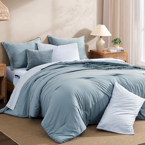 Monbix King Size Comforter Set - 7 Pieces Dusty Blue Prewashed Bed in a Bag King Bedding Sets with Comforters, All Seasons Ultra Soft Comforter Bed Set with Sheets,Pillowcases & Shams
