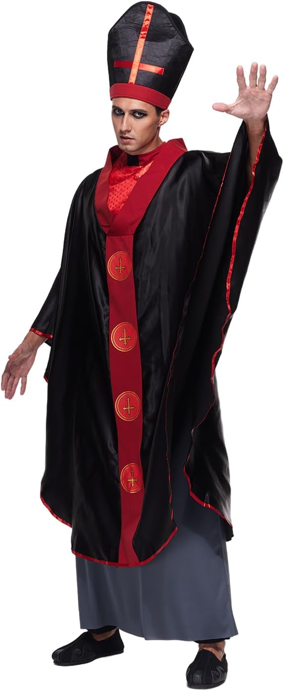 EraSpooky Men Dark Priest Costume Black Mass Bishop Outfit Gothic Clergy outfit with Hat - Image 2