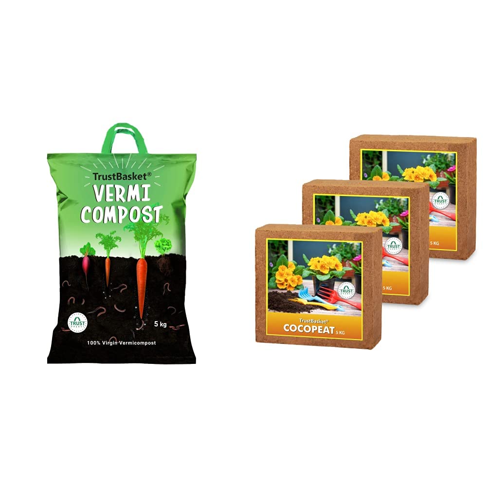 TrustBasket Organic Vermicompost Fertilizer Manure for Plants - 5 KG & COCOPEAT Block - EXPANDS to 225 litres of Coco PEAT Powder (Set of Three 5kg Blocks) Combo