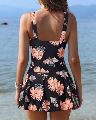 Image of Yonique One Piece Swimsuits for Women Modest Tummy Control Swimdress Vintage Bathing Suits Skirt Swimwear