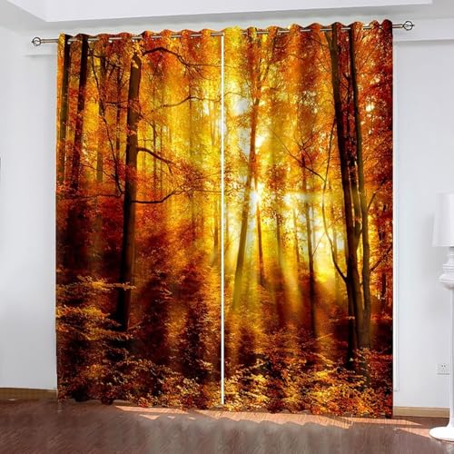Wycian Cortina de cocina con ojales para ventana, naranja, 2 unidades, poliéster, árboles y sol, paisaje, 244 x 152 cm, para dormitorio