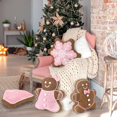 Image of HunnmingRe 4 Pcs Christmas Throw Pillows Fall Football Plush Pillows Winter Holiday Cushion Soft Decorative Cushions for Couch Bedroom Living Room Thanksgiving Xmas Decor(Pink,Gingerbread)