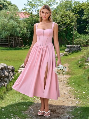 Image of KUTUMAI Floral Corset Midi Dress Flowy Slit Summer Spring Wedding Guest Dresses for Women Sundress with Pockets