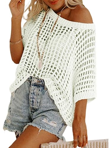 Image of Crochet Tops for Women Off The Shoulder Beach Coverup for Swimsuit Oversized Hollow Out Summer Tops
