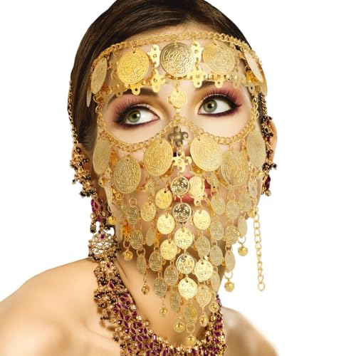 Lussuoso ed elegante gioiello dorato velo maschera con catena per il viso, per danza, carnevale, festa di Halloween, accessorio cosplay, velo per la danza del ventre, misura regolabile, color oro,