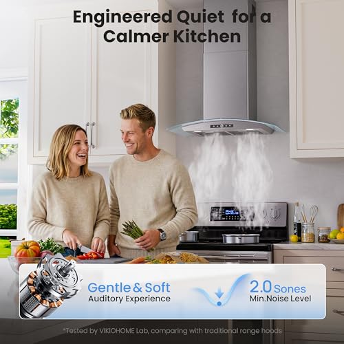 Image of VIKIO HOME 36 Inch Wall Mount Range Hood, 450 CFM Dual Inlet, Curved Glass Kitchen Vent Hood, Ducted /Ductless Convertible, 3-Speed Touch Control, LED Lights, Stainless Steel