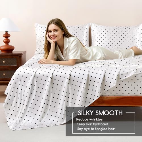 Image of MR&HM Satin Bed Sheets with Elastic Corner Straps, Queen Size Sheets Set, 4 Pcs Silky Bedding Set with 15 Inches Deep Pocket for Mattress (Queen, Polka Dot Ivory)