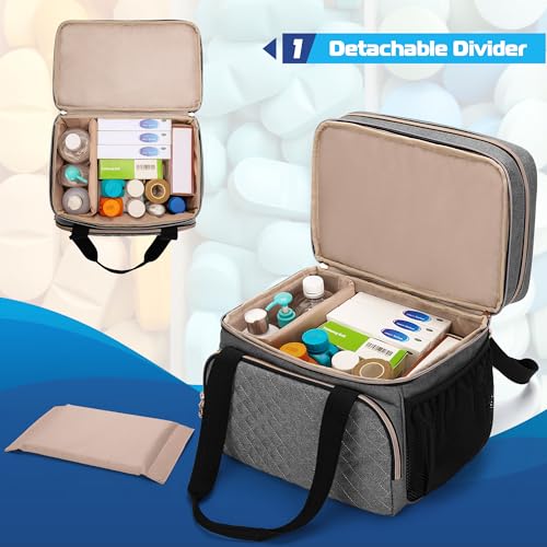 Image of LUXJA Double Layer Medicine Bag with Detachable Divider, Pill Bottle Organizer with Handle Straps (Suitable for Travel or Home), Gray