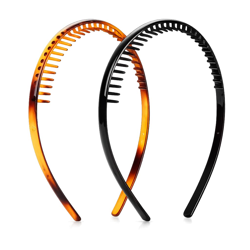 BAKEFY- 2 Pcs Comb Plastic Headband for Women Girls, 2 Pack Teeth Hair Band, Hair Hoop Headband, Non Slip Hair Accessories, Fashion Hair Band for Daily Wear (Black & Brown)