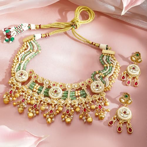 Image of Rubans Gold Plated Traditional Necklace Set with Jhumka for Women