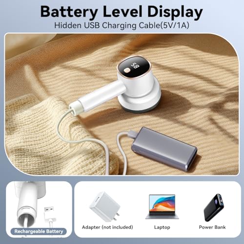 Fusselrasierer Elektrisch mit Cable USB- Aufladbar Fusselentferner mit 6 Edelstahlklingen,3 Geschwindigkeiten,LED-Anzeige,Lint Shaver für Kleidung Sofa Wolle (Weiß)