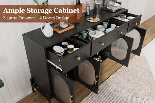 GarveeHome 62" Large Sideboard Buffet Cabinet with Storage and 3 Drawers, Buffet Table Coffee Bar Storage Cabinet with 4 Glass Doors for Dining Room, Living Room, Kitchen, Black